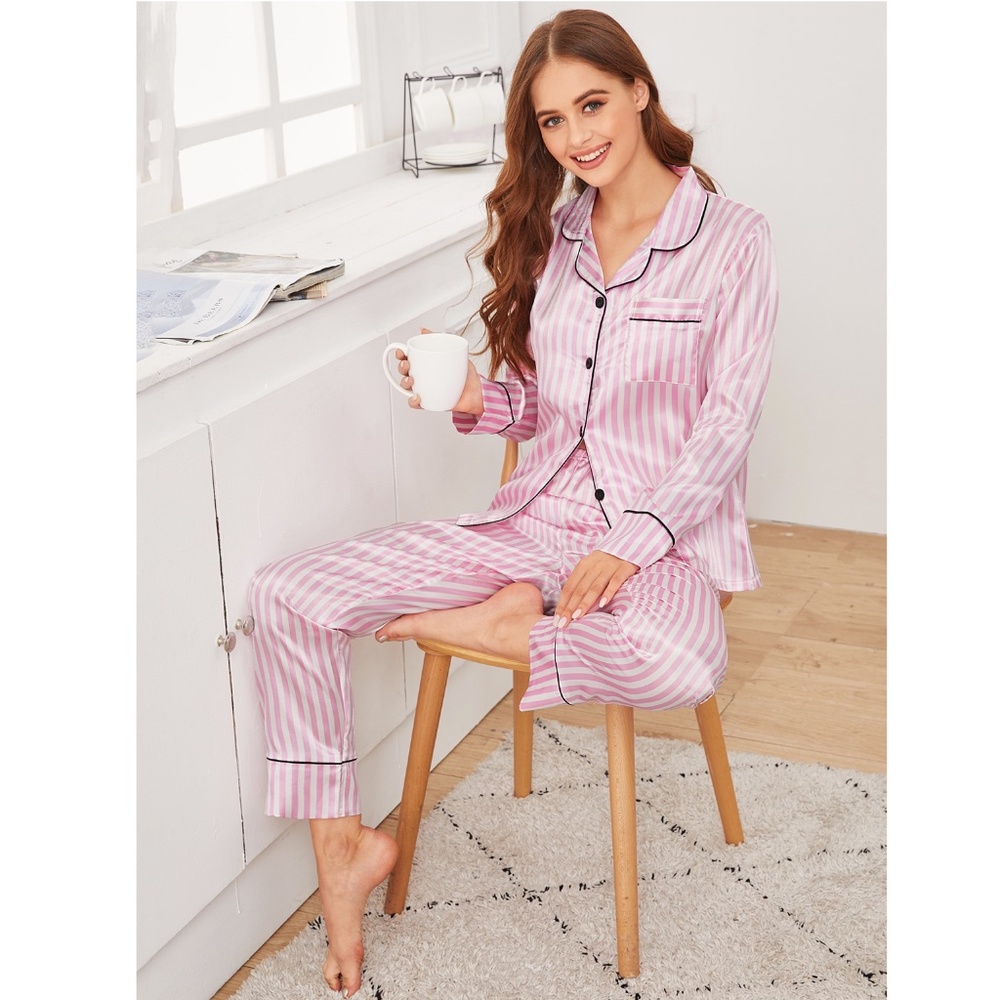 Satin Pink Stripes 2 Piece Pajamas Set